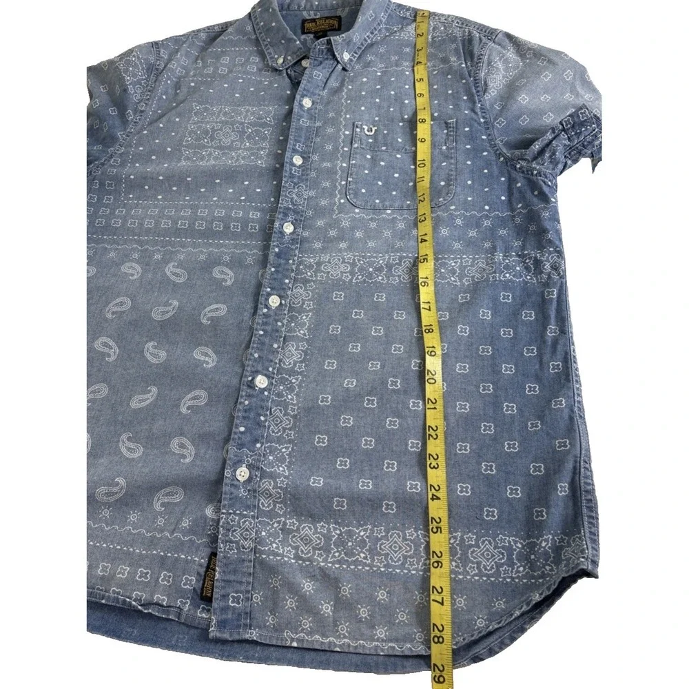 True Religion Chambray Bandana Button Down Shirt Mens Medium Blue Logo Pocket